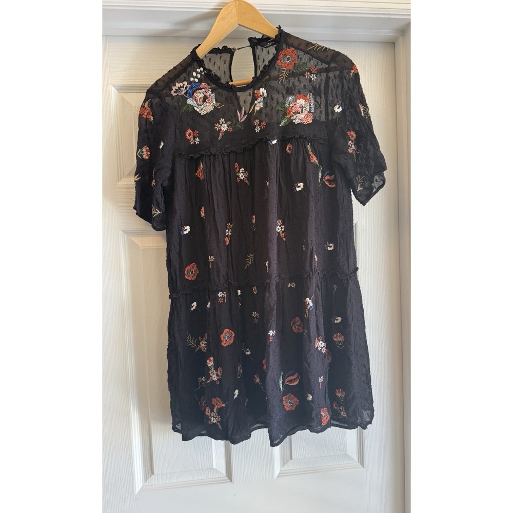 Zara Dress Womens Small Black Floral Embroidered Sequin Swiss Dot Babydoll Mini